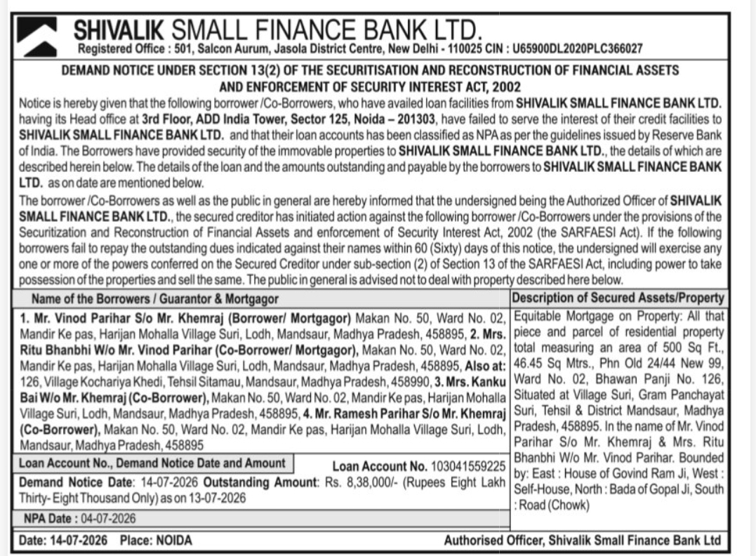 🏦 Shivalik Small Finance Bank – Demand Notice