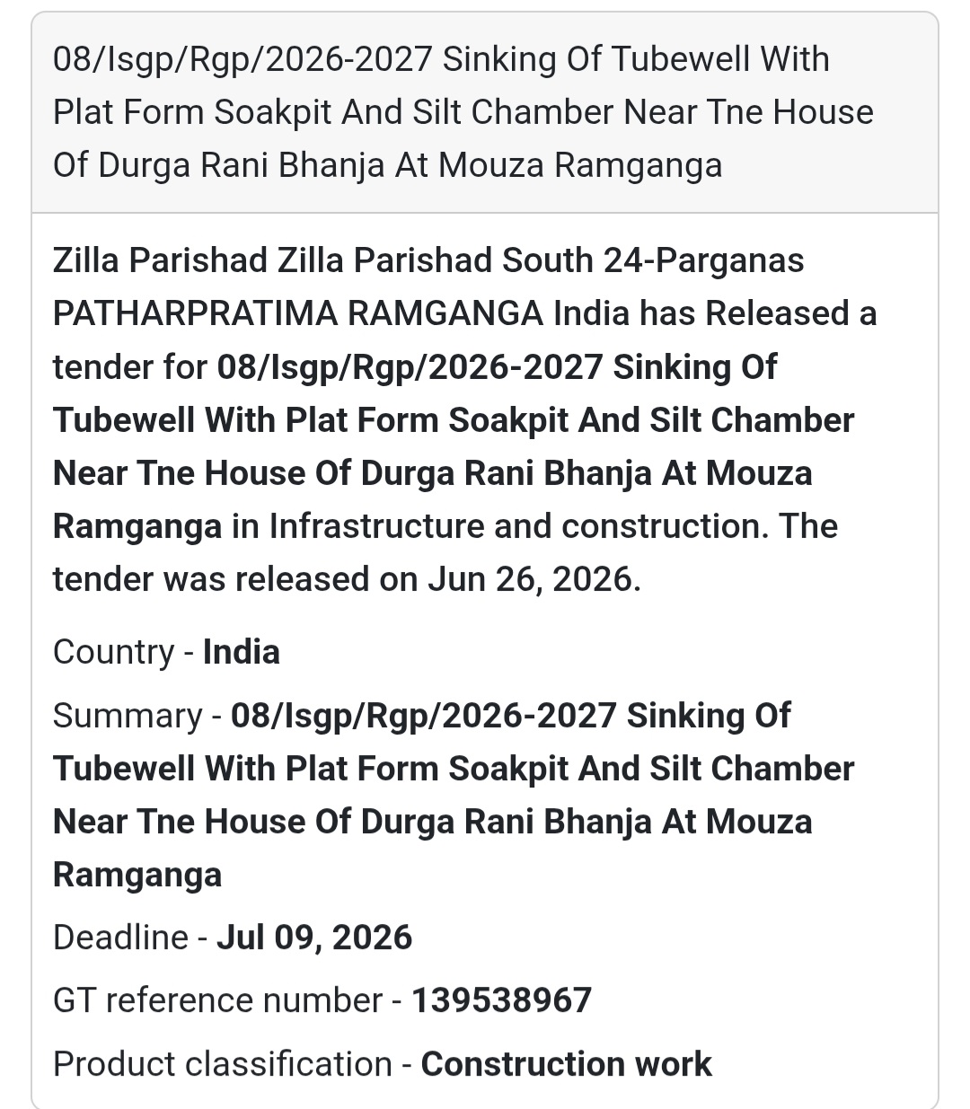 Sinking of Tubewell with Platform, Soak Pit & Silt Chamber – South 24 Parganas, West Bengal