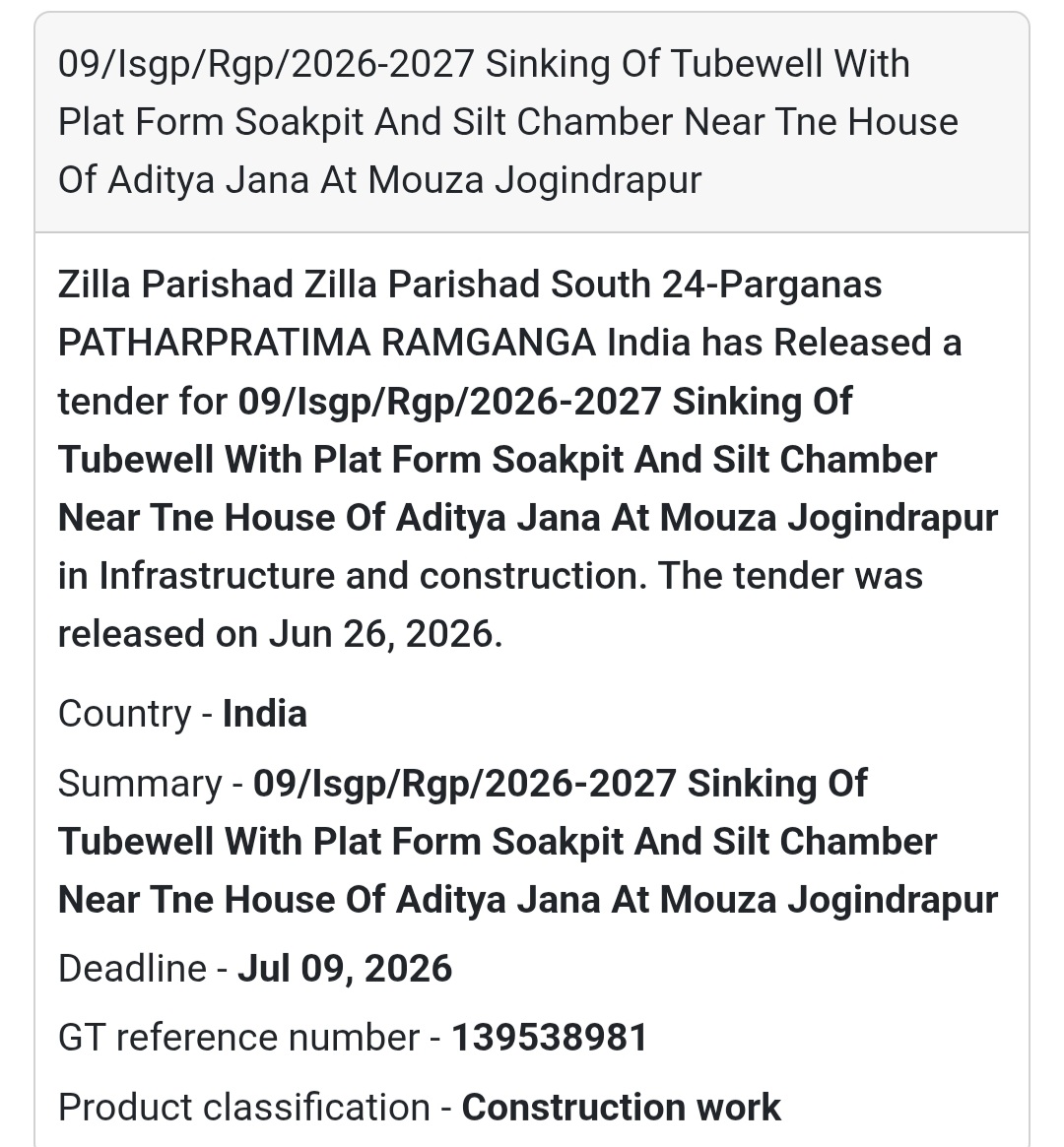 🏗️ Sinking of Tubewell with Platform, Soak Pit & Silt Chamber – South 24 Parganas, West Bengal