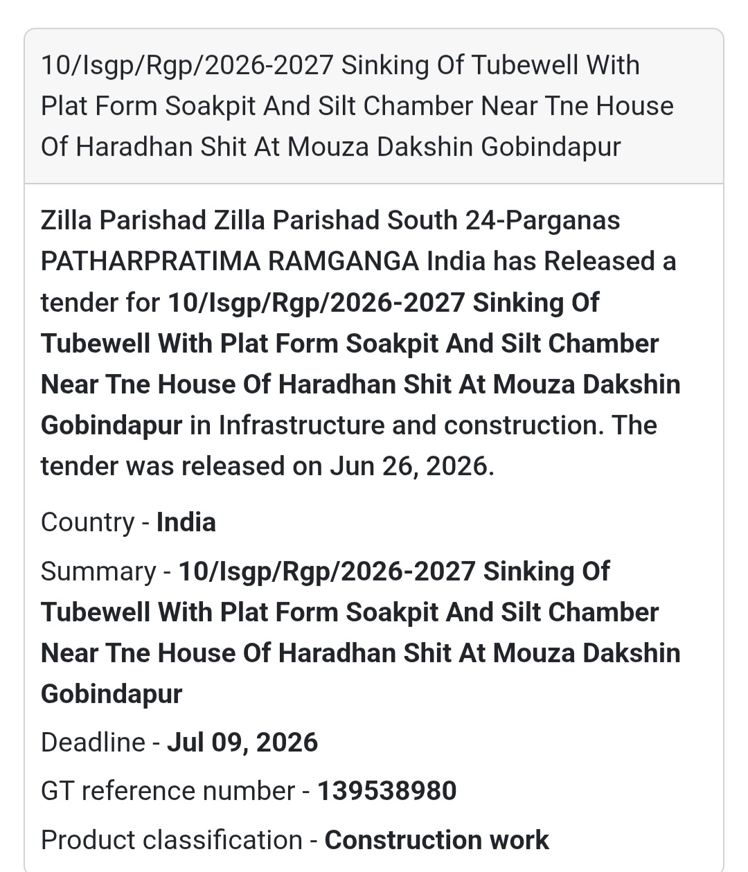 🏗️ Sinking of Tubewell with Platform, Soak Pit & Silt Chamber – South 24 Parganas, West Bengal