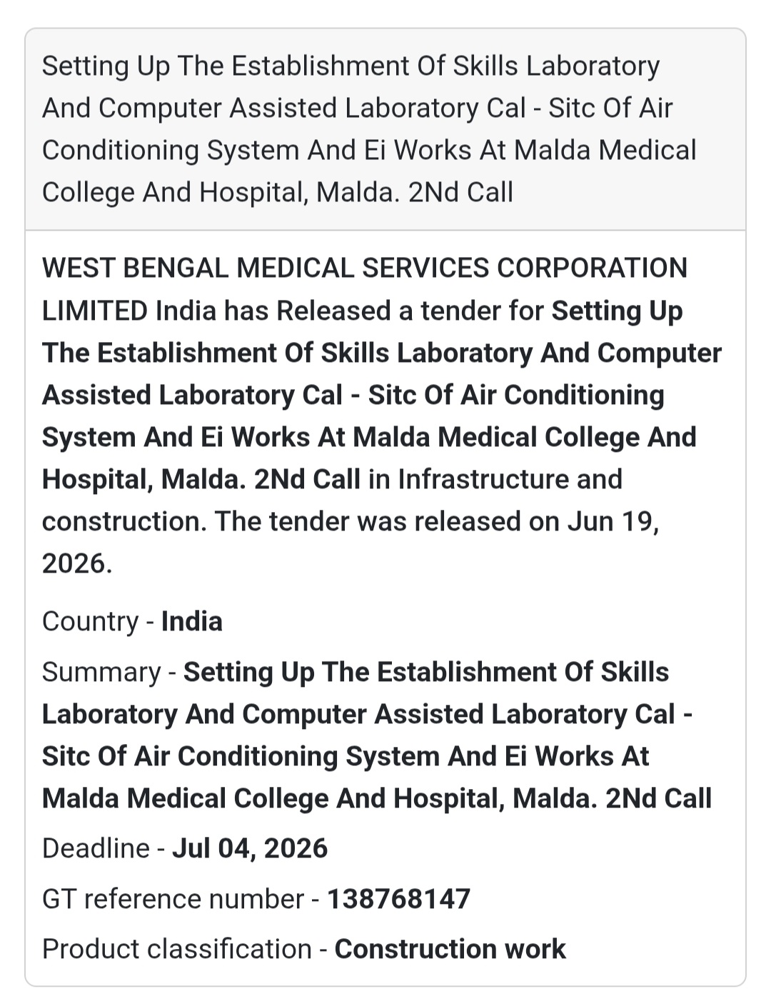 ❄️ Skills Laboratory & CAL Setup with Air Conditioning System at Malda Medical College (2nd Call)