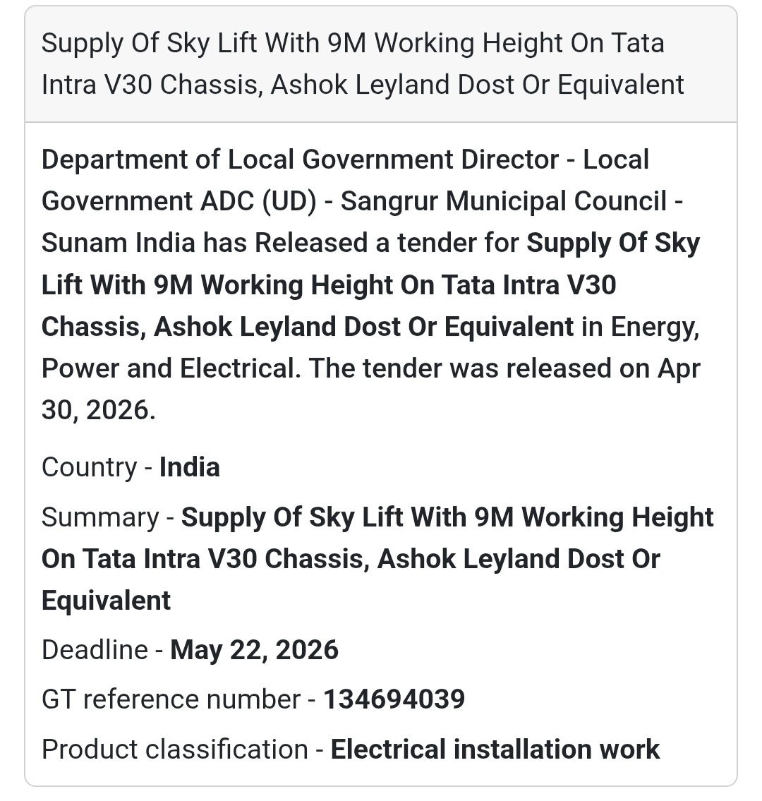 🚜 Sky Lift Supply Tender (Punjab)