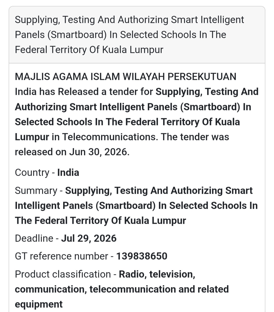 🖥️ Smart Interactive Panels (Smartboards) Supply Tender – Kuala Lumpur, Malaysia