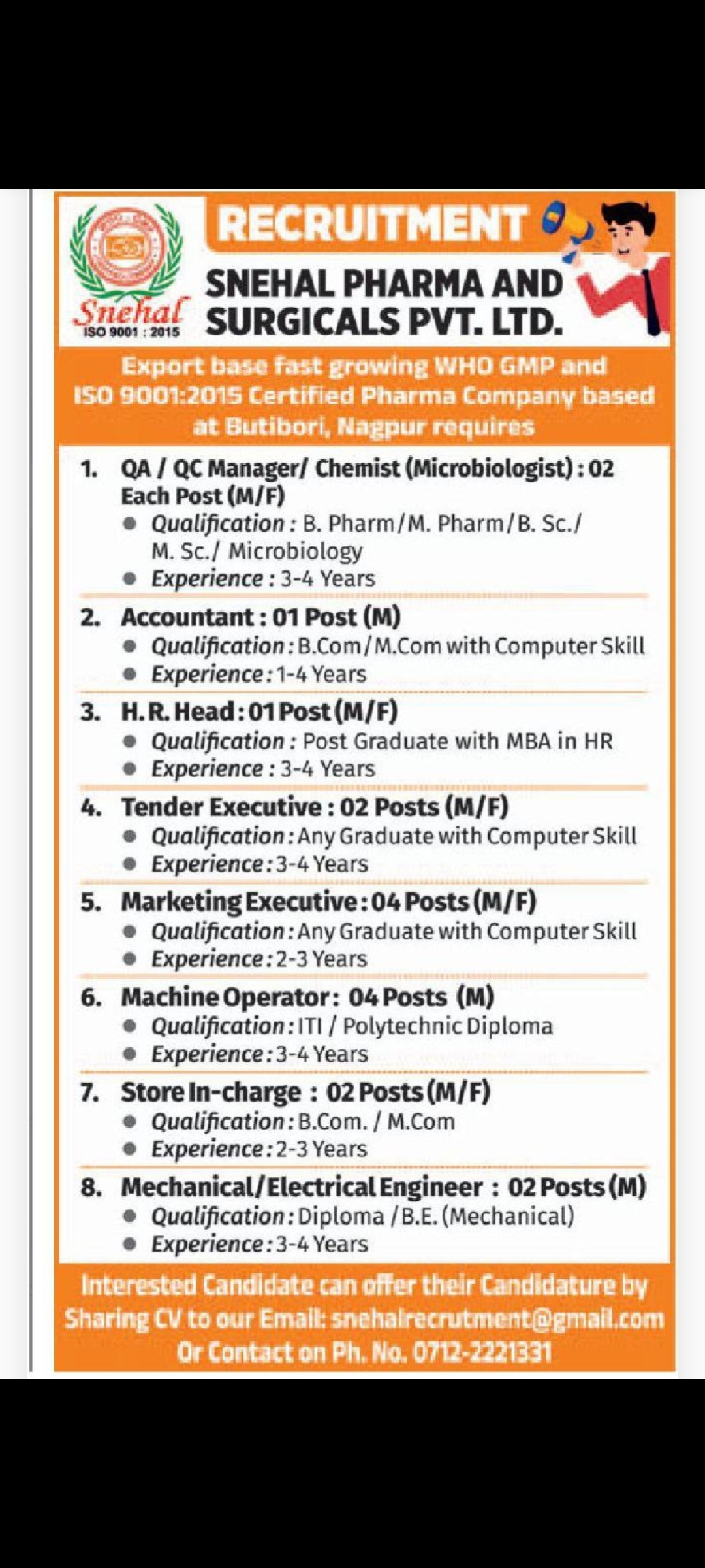 💼 Snehal Pharma & Surgicals Pvt. Ltd. | Recruitment | 📍Location: Nagpur