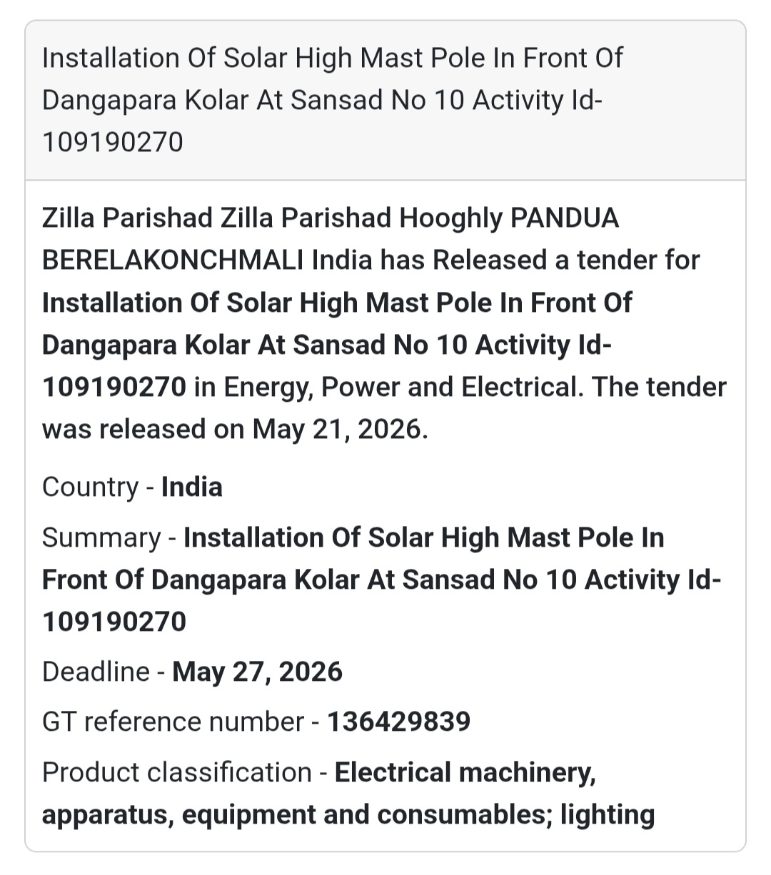 🌞 Solar High Mast Installation Tender | GT Ref No: 136429839
