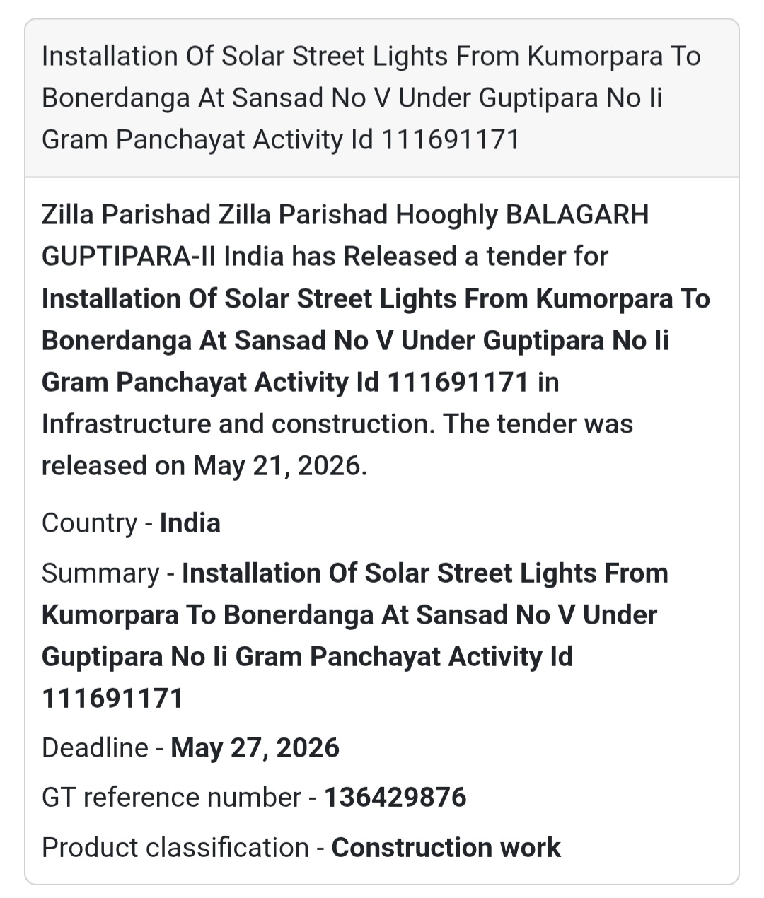 🌞 Solar Street Light Installation Tender |