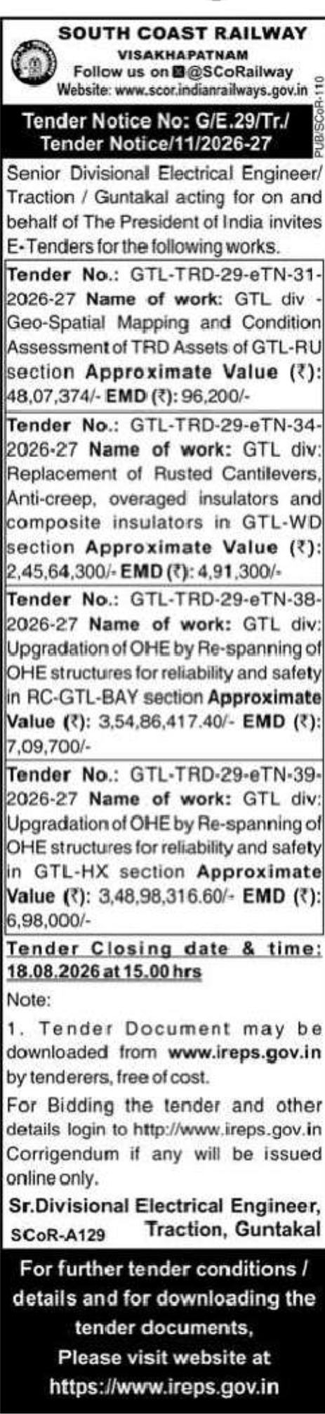 🚆 South Coast Railway Tender Notice – Guntakal