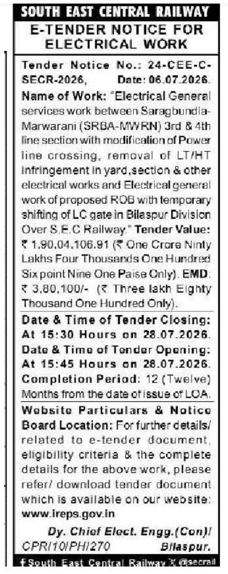 ⚡ South East Central Railway – E-Tender Notice for Electrical Work