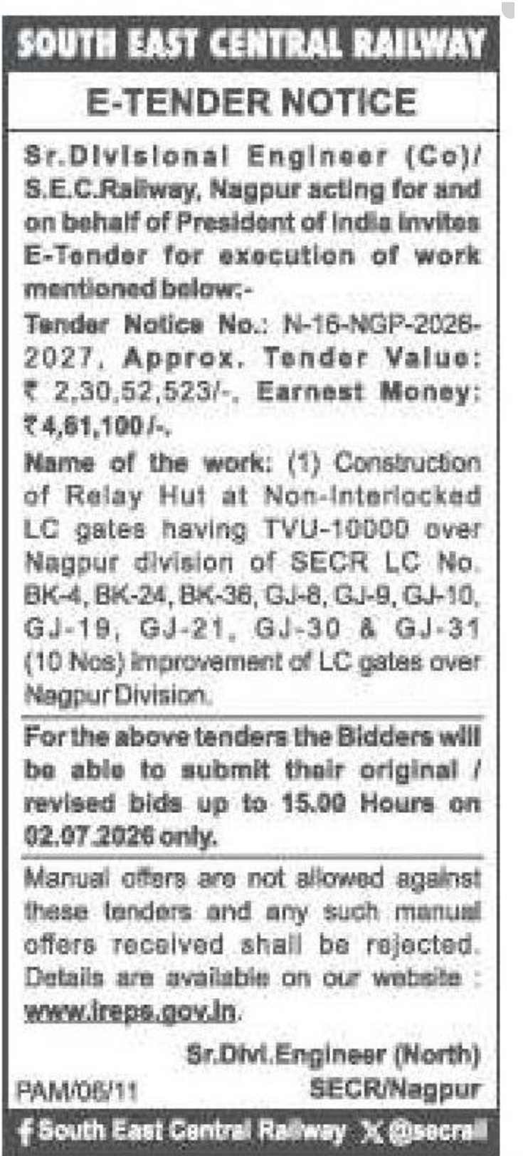 🚧 South East Central Railway – E-Tender Notice