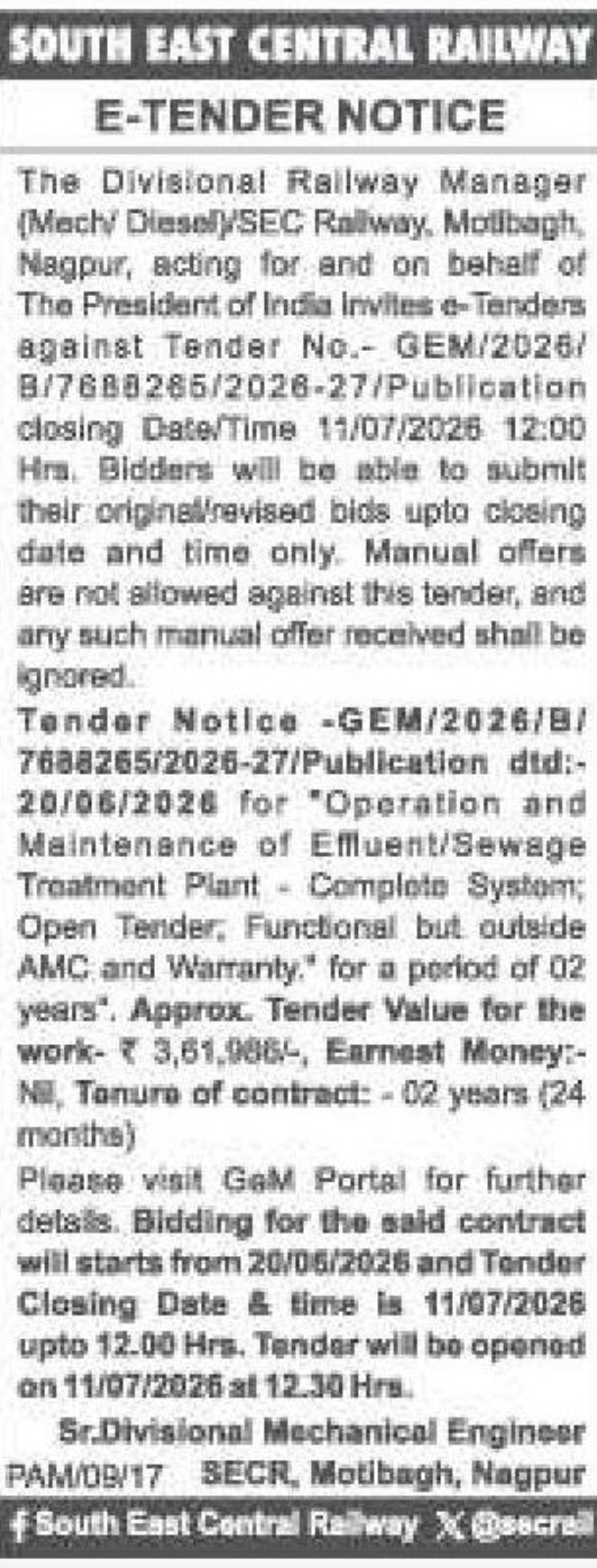 🚆 South East Central Railway – E-Tender Notice