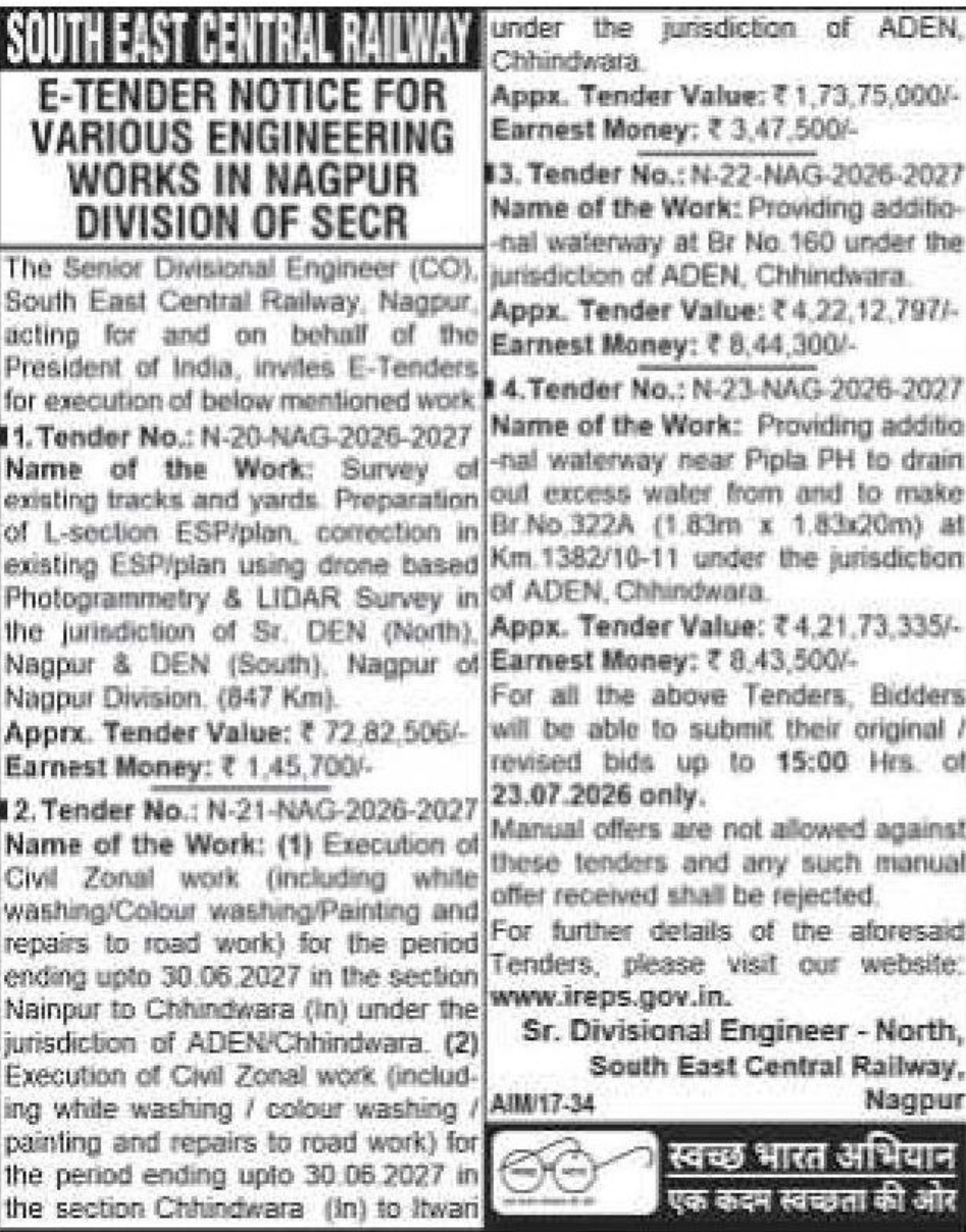 📢 SOUTH EAST CENTRAL RAILWAY – Engineering Works E-Tenders
