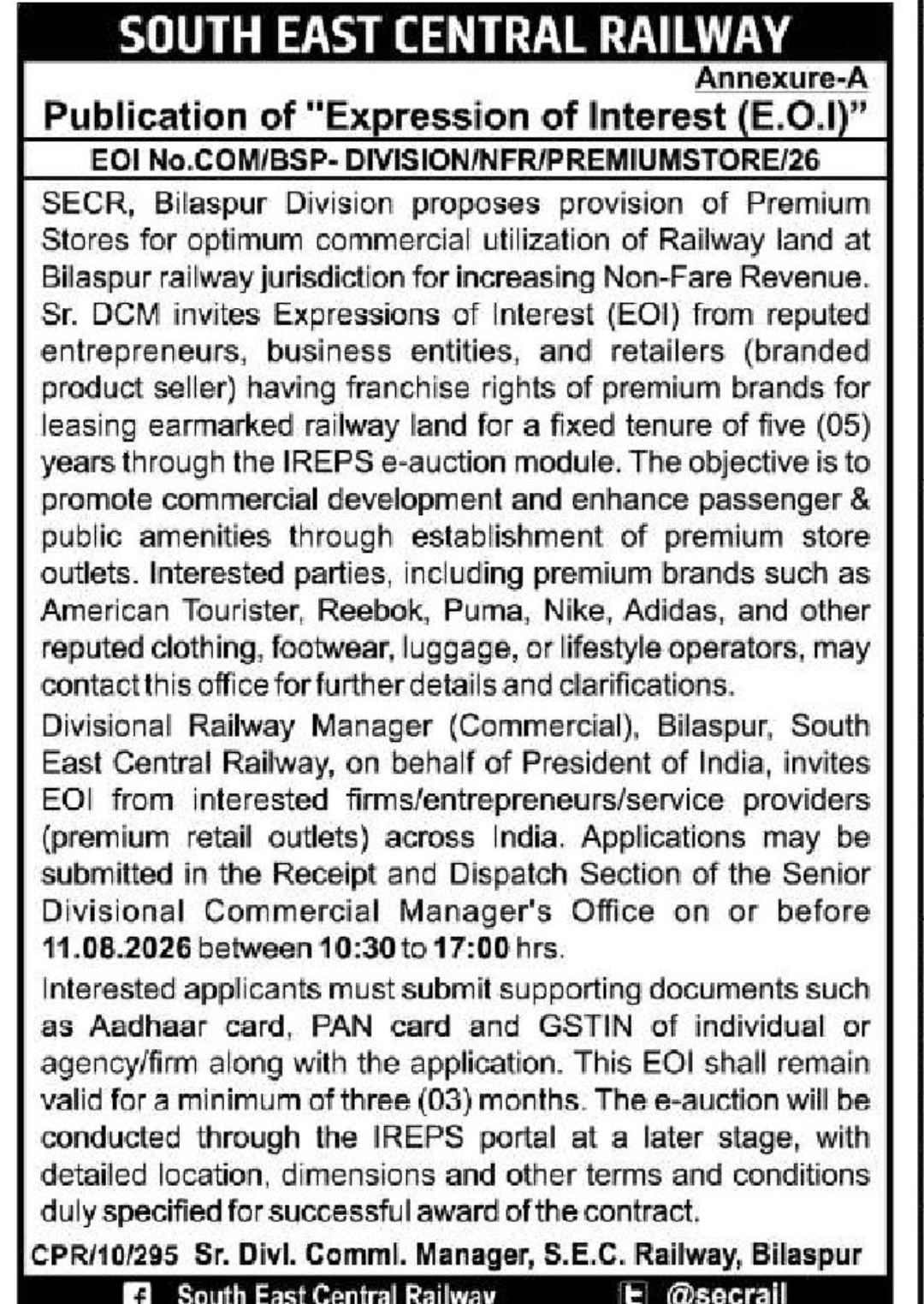 🚆 South East Central Railway – Expression of Interest