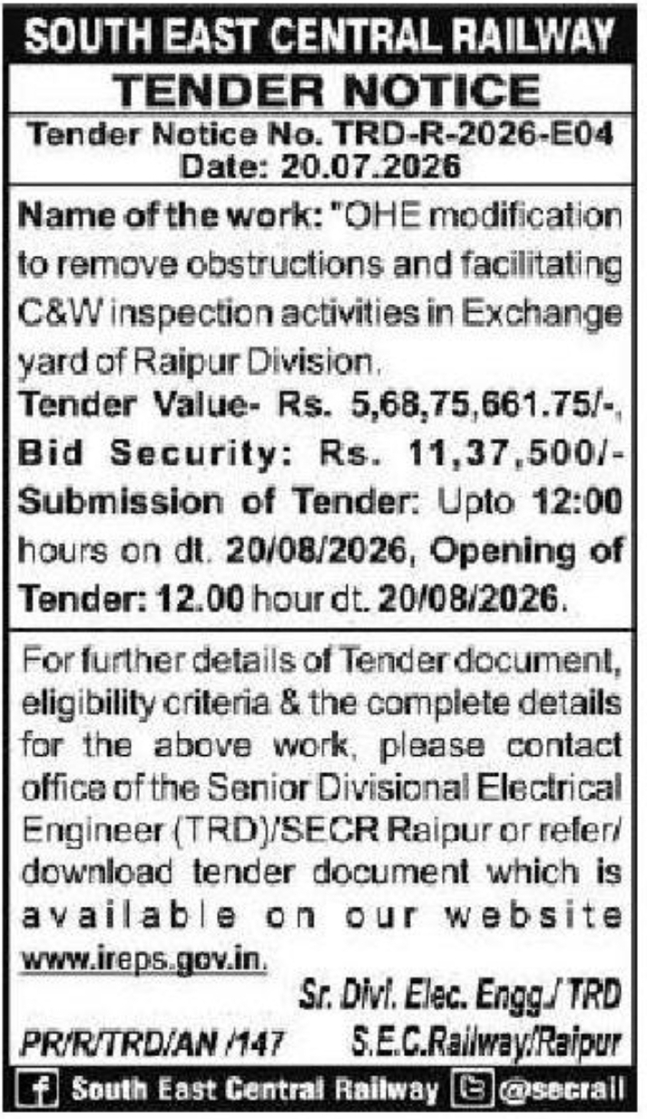 🚆 South East Central Railway Tender Notice | 📍Location: Raipur