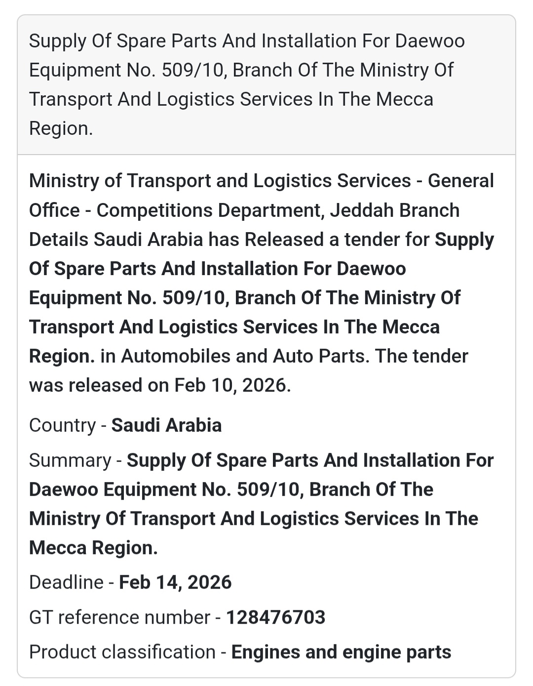 🚜 Spare Parts & Installation – Daewoo Equipment (Makkah Region)