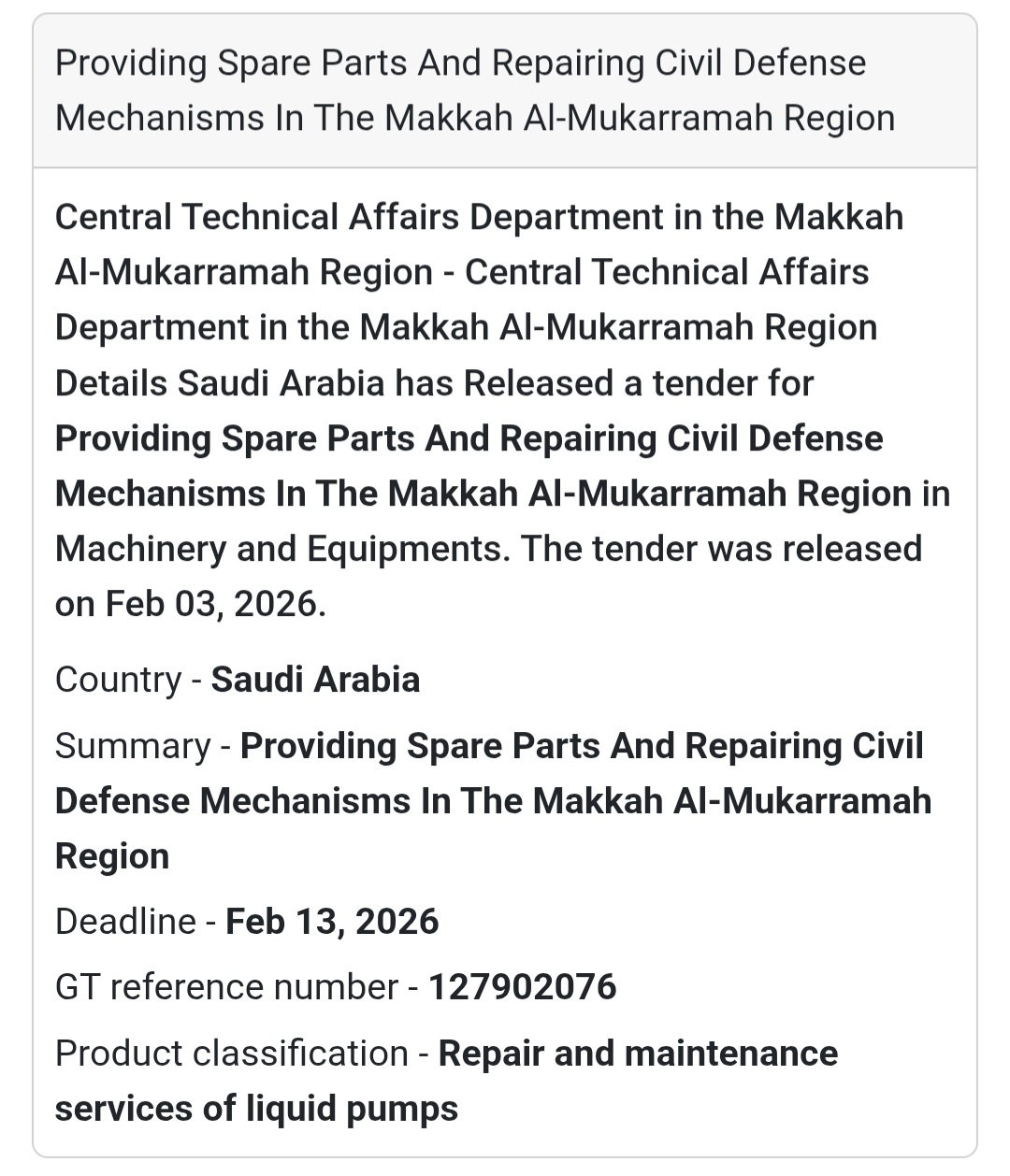 Spare parts Tender Alert: Saudi Arabia 🇸🇦