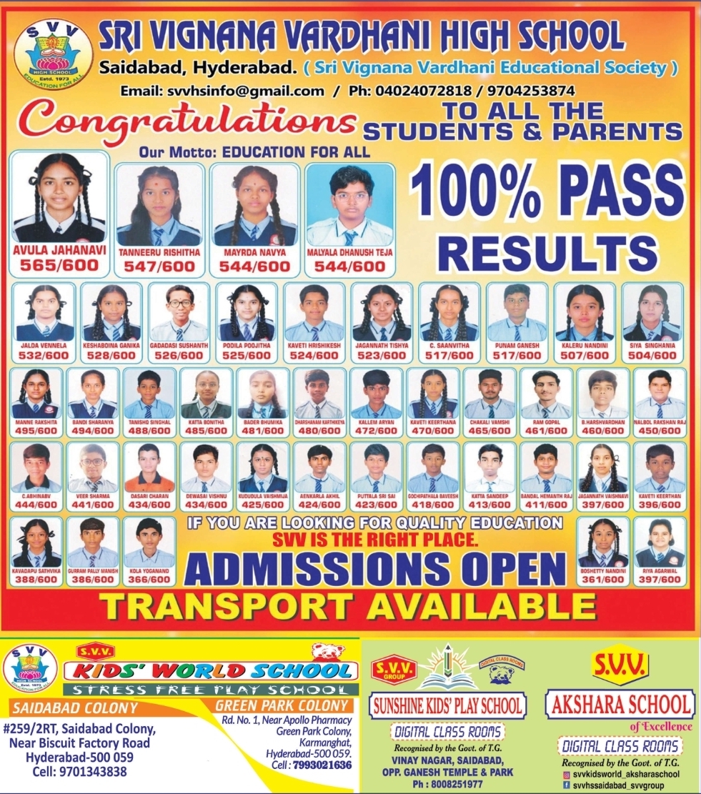 🎉 SRI VIGNANA VARDHANI HIGH SCHOOL – 100% PASS RESULTS
