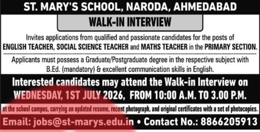 🏫 ST. MARY'S SCHOOL, NARODA, AHMEDABAD – WALK-IN INTERVIEW