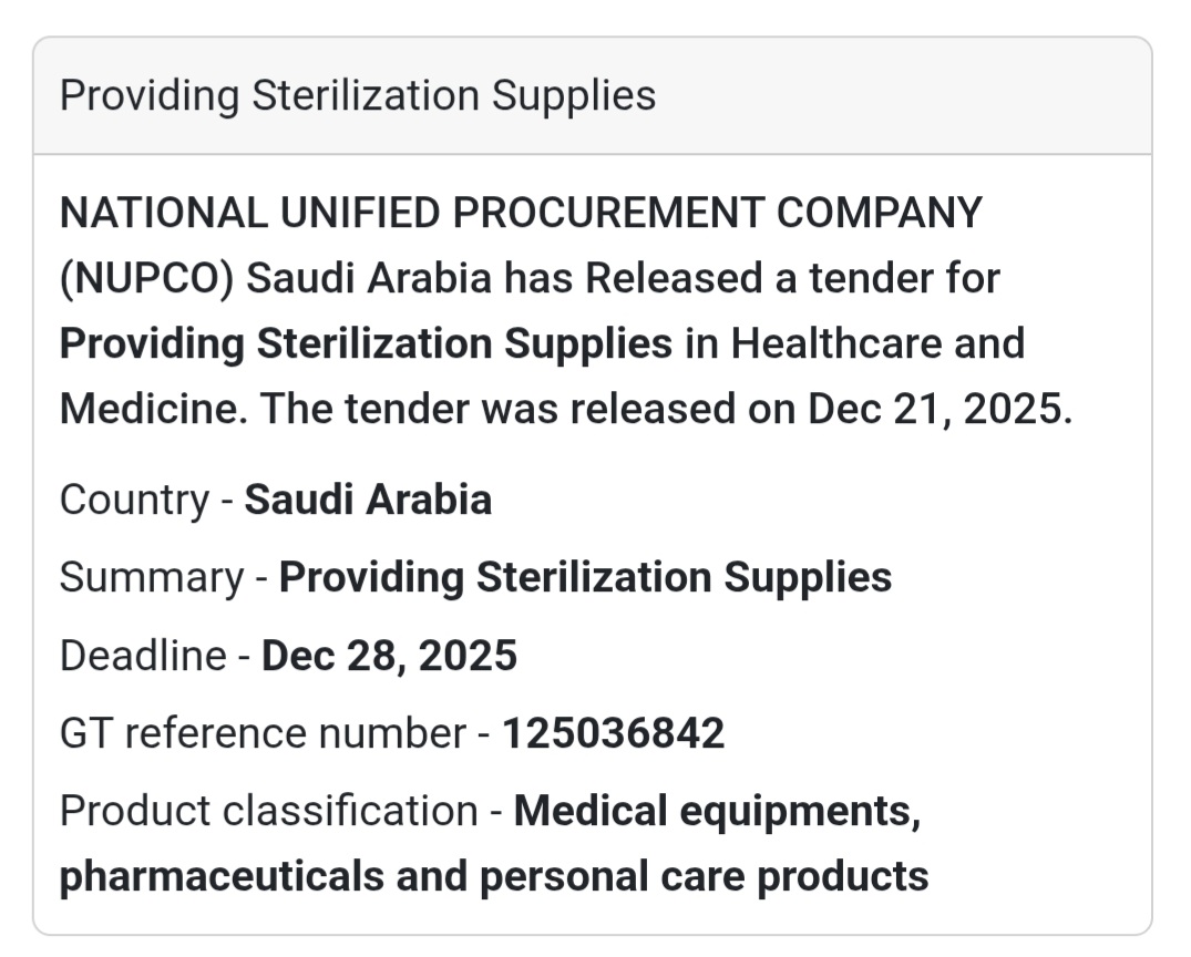 🧴 Sterilization Supplies Tender – Saudi Arabia 🇸🇦