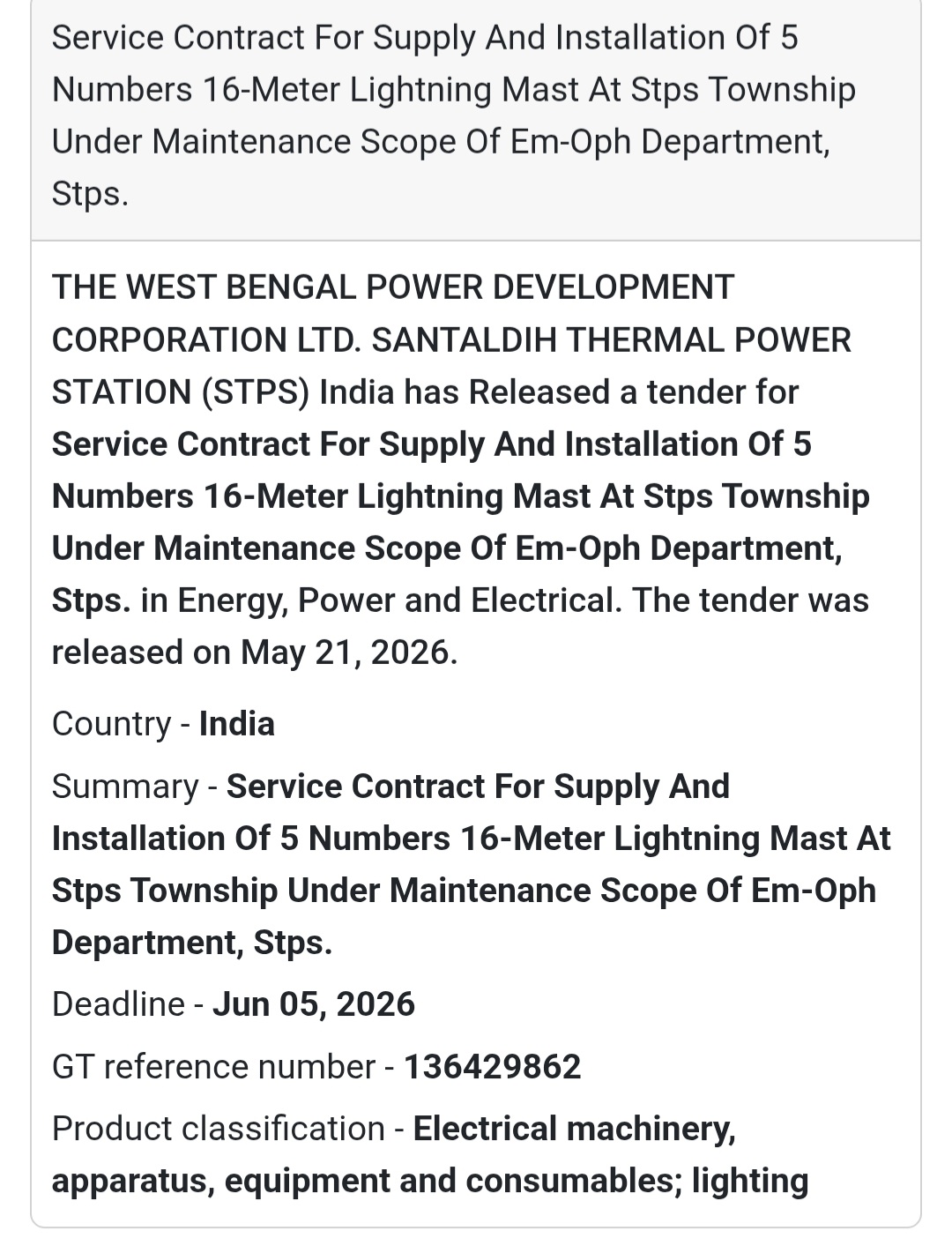 ⚡ STPS High Mast Lighting Installation Tender