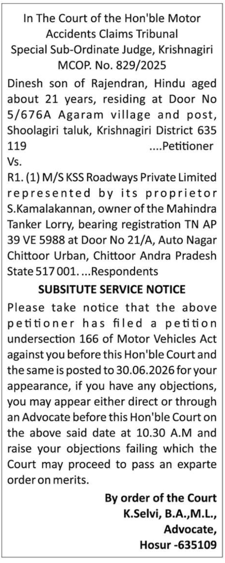 ⚖️ SUBSTITUTE SERVICE NOTICE – MCOP No. 829/2025