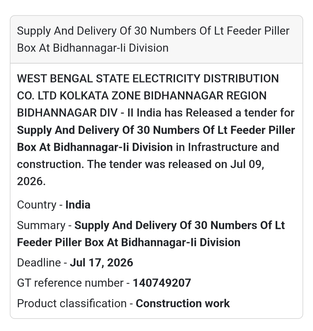 ⚡ Supply And Delivery Of 30 LT Feeder Pillar Boxes | 📍Bidhannagar-II Division, Kolkata