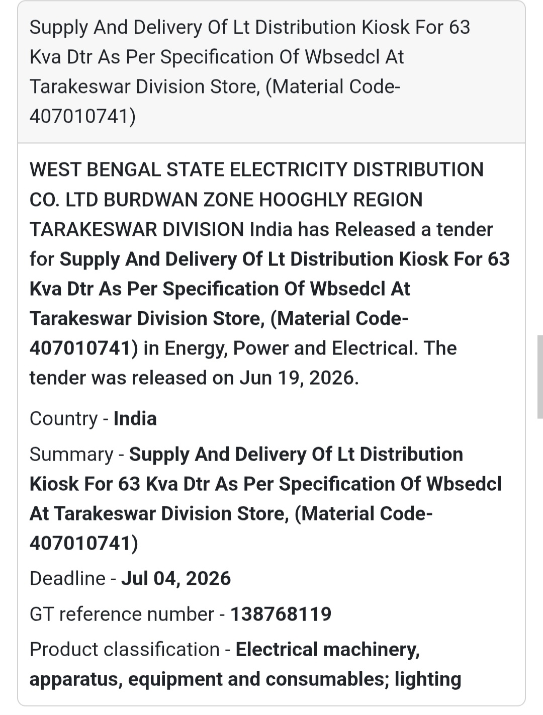 ⚡ Supply And Delivery Of LT Distribution Kiosk For 63 KVA DTR At Tarakeswar Division Store | Hooghly