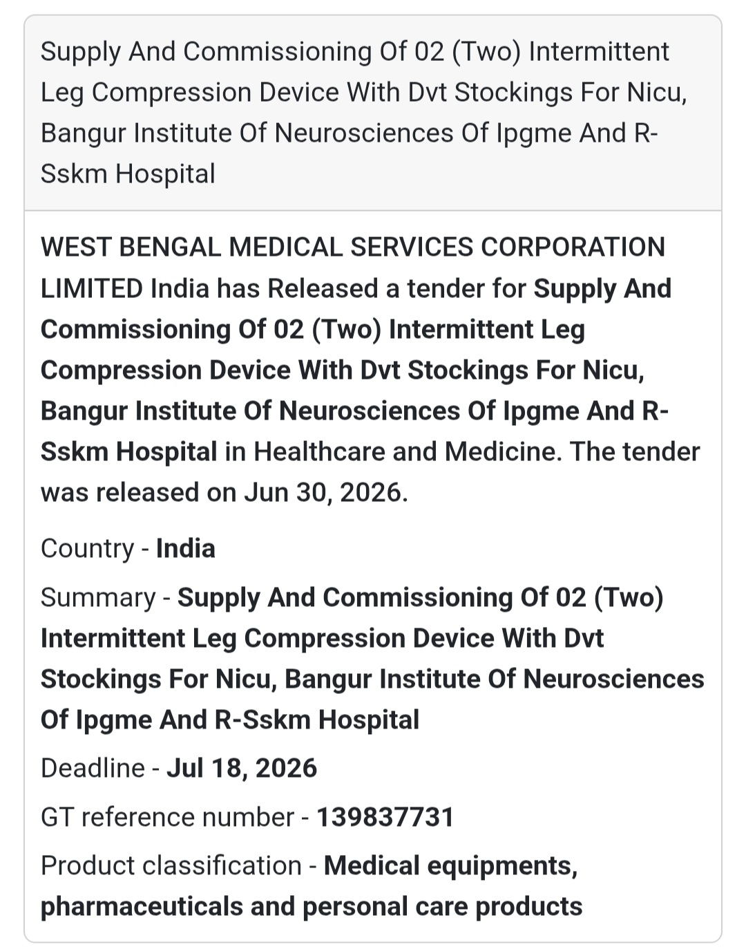 📢 Supply & Commissioning of Intermittent Leg Compression Device | WBMSCL