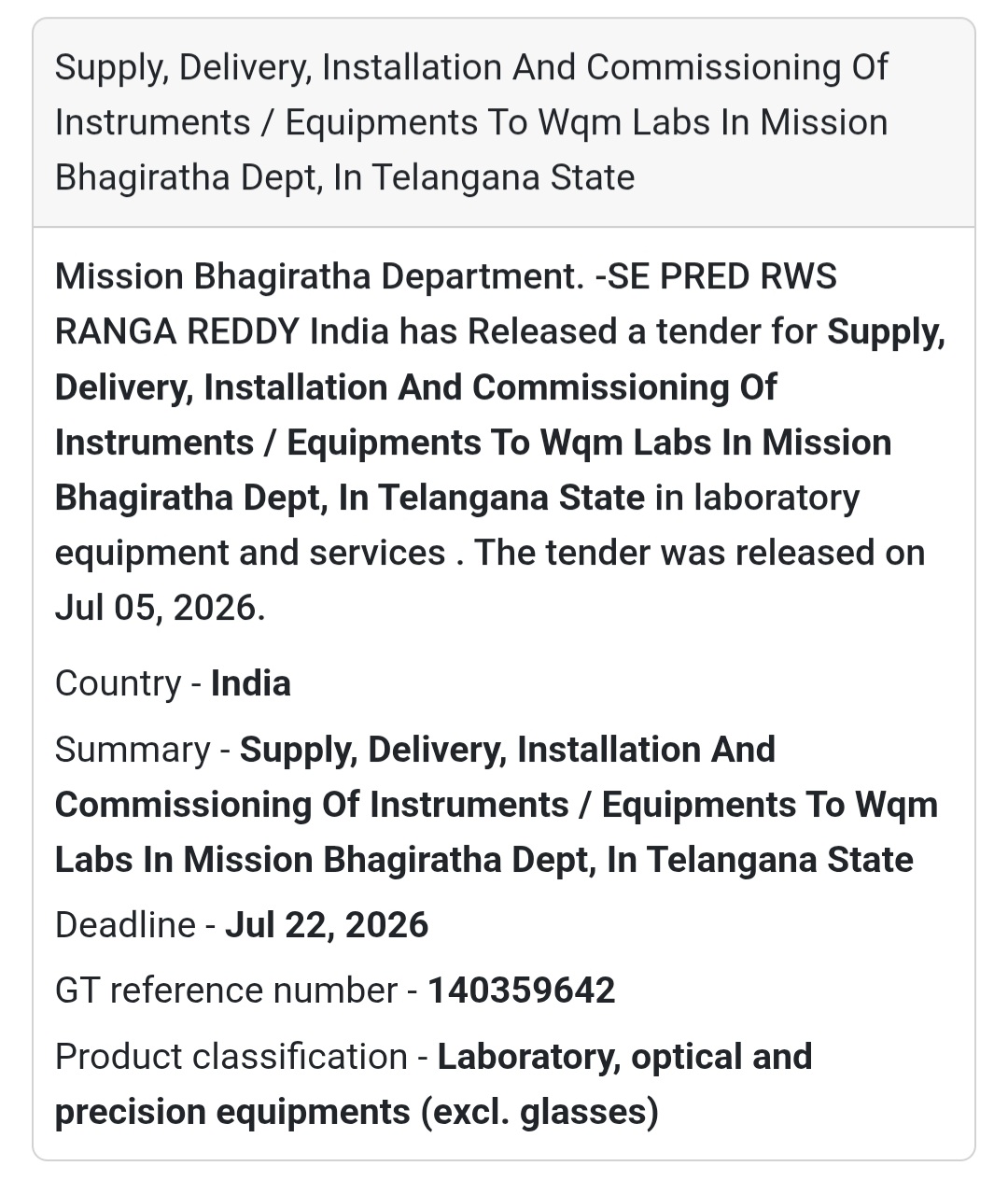 🧪 Supply, Delivery, Installation & Commissioning of Instruments/Equipment for WQM Labs – Telangana State ⚙️