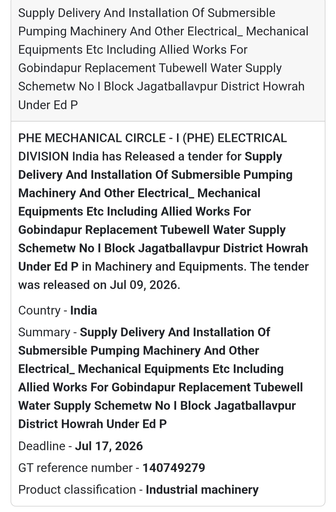 🚰 Supply, Delivery & Installation of Submersible Pumping Machinery | 📍Jagatballavpur, Howrah