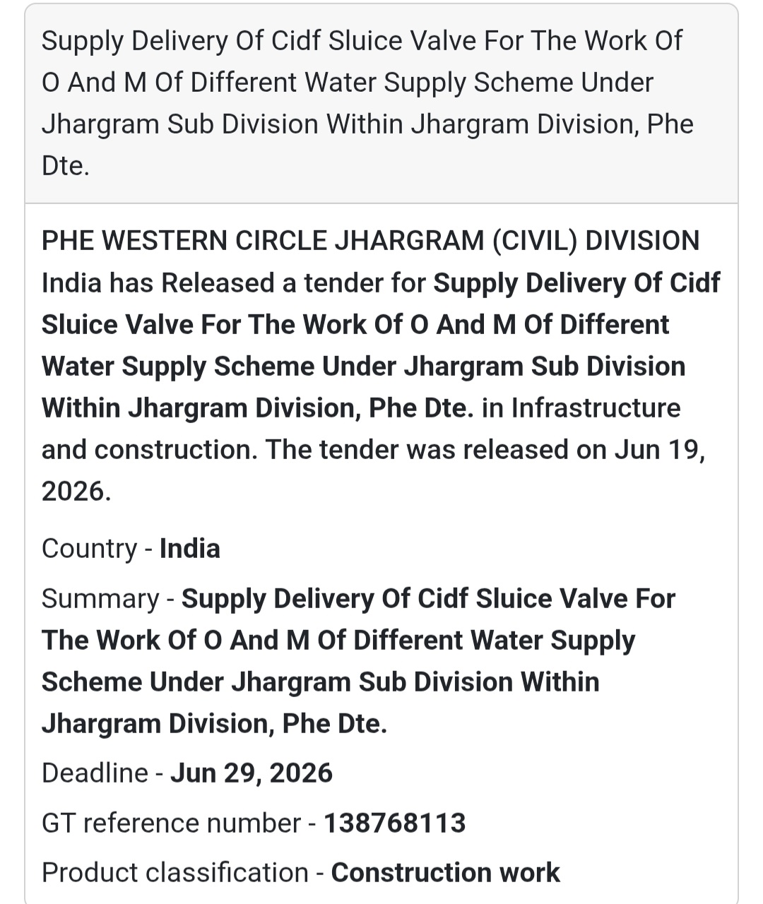 🚰 Supply Delivery Of CIDF Sluice Valve For O&M Of Different Water Supply