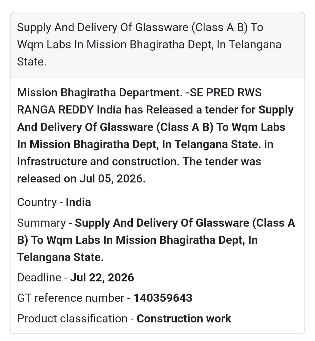 🧫 Supply & Delivery of Glassware (Class A & B) for WQM Labs – Telangana State 🧪