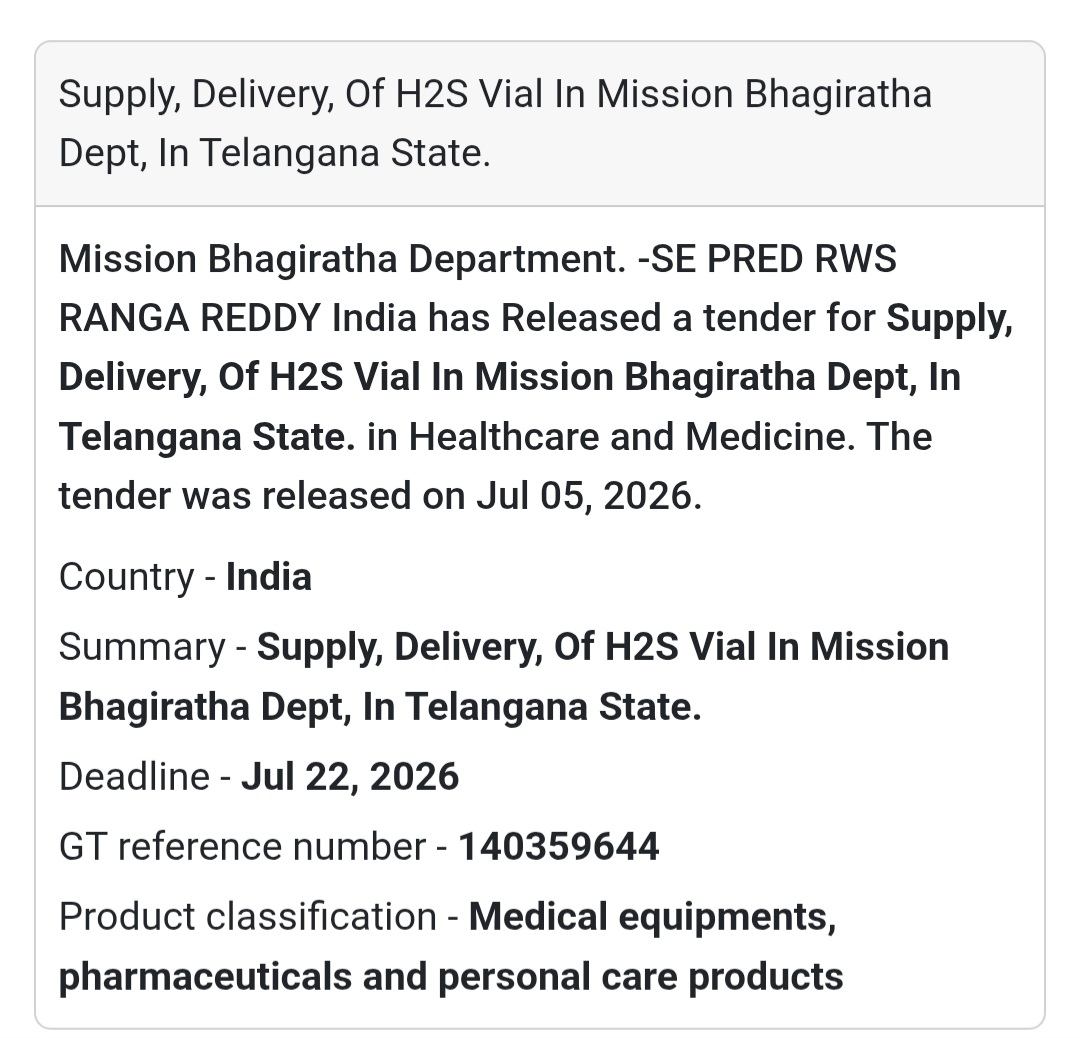 🧴 Supply & Delivery of H2S Vials for Mission Bhagiratha – Telangana State 💧