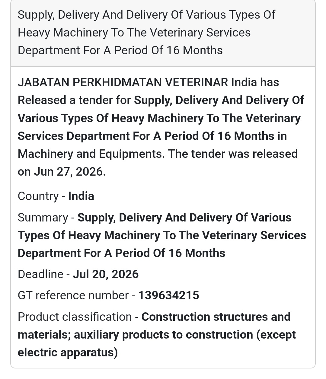🚜 Supply, Delivery of Various Types of Heavy Machinery for Veterinary Services Department (16 Months)