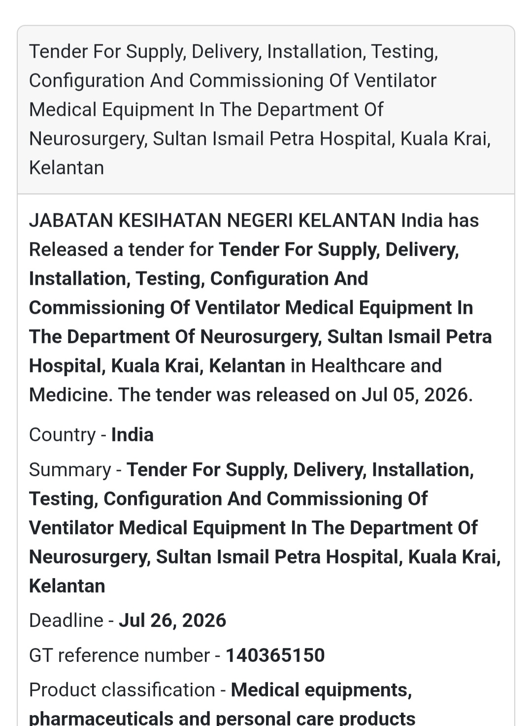 🏥 Supply, Installation & Commissioning of Ventilator Medical Equipment