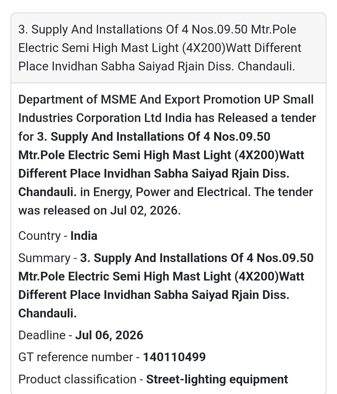 💡 Supply & Installation of 4 Semi High Mast Lights (4×200W) | 📍Saiyad Raja, Chandauli, Uttar Pradesh