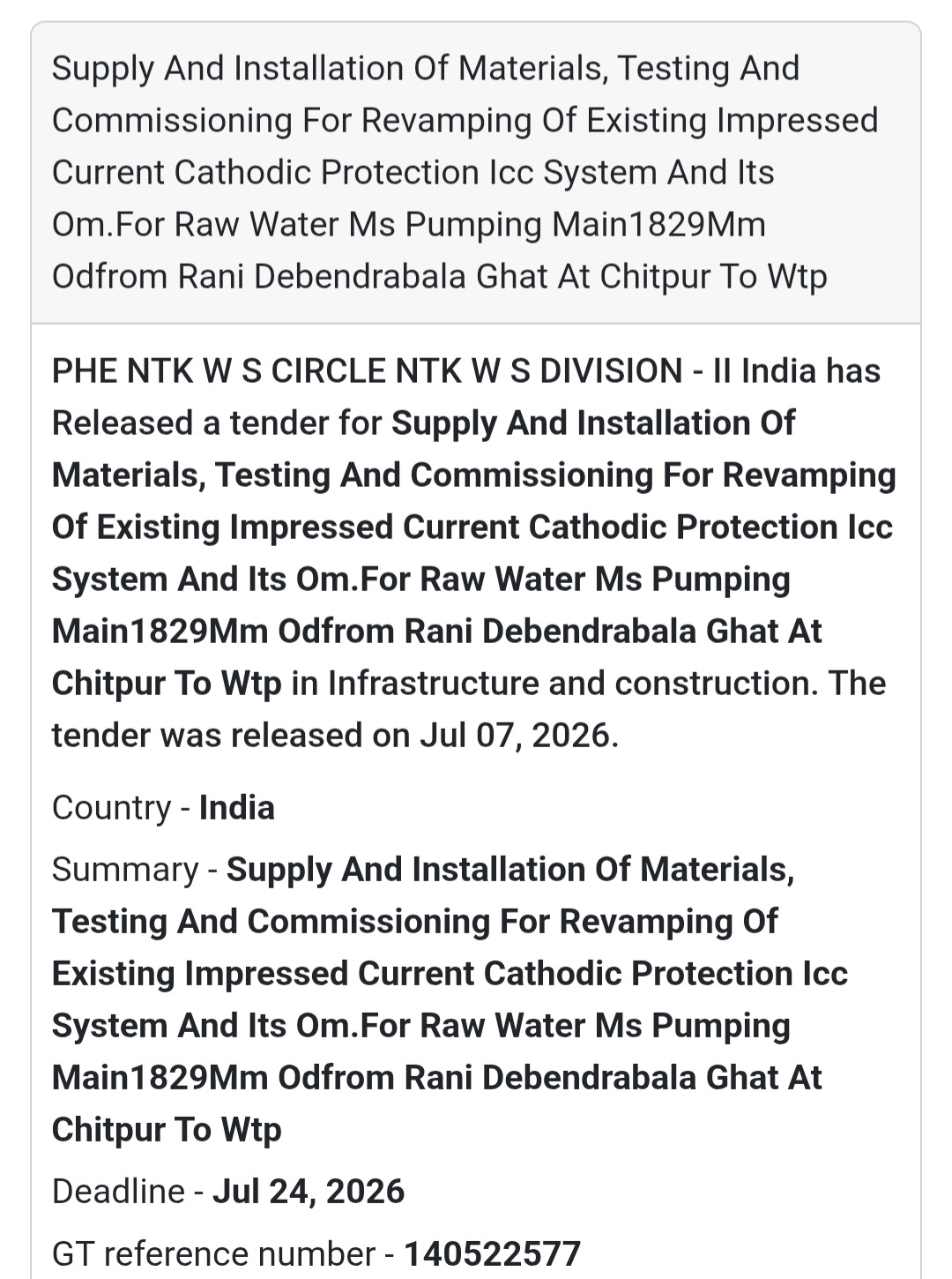 Supply & Installation of Cathodic Protection System (West Bengal)