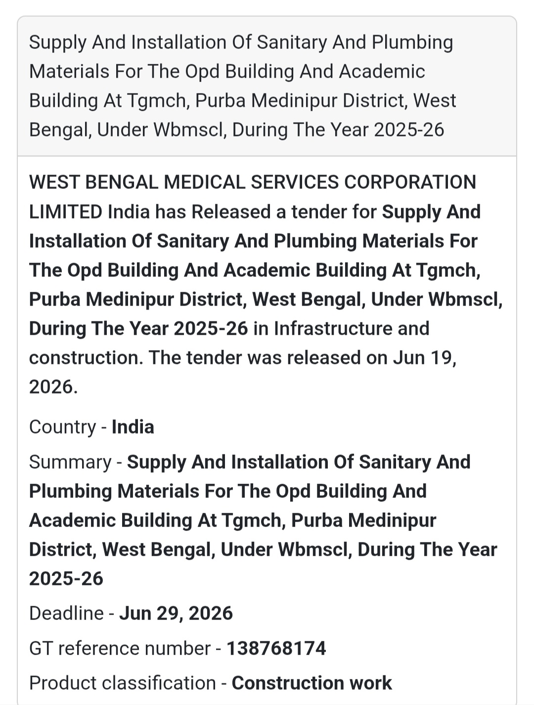 🚰 Supply & Installation of Sanitary and Plumbing Materials at TGMCH
