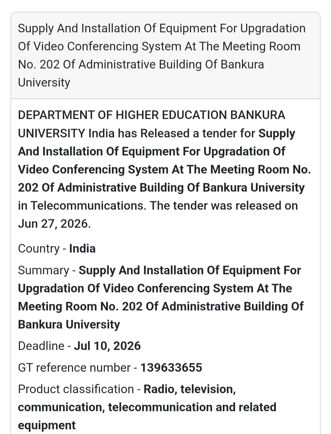 🎥 Supply & Installation of Video Conferencing Equipment | 📍Bankura University