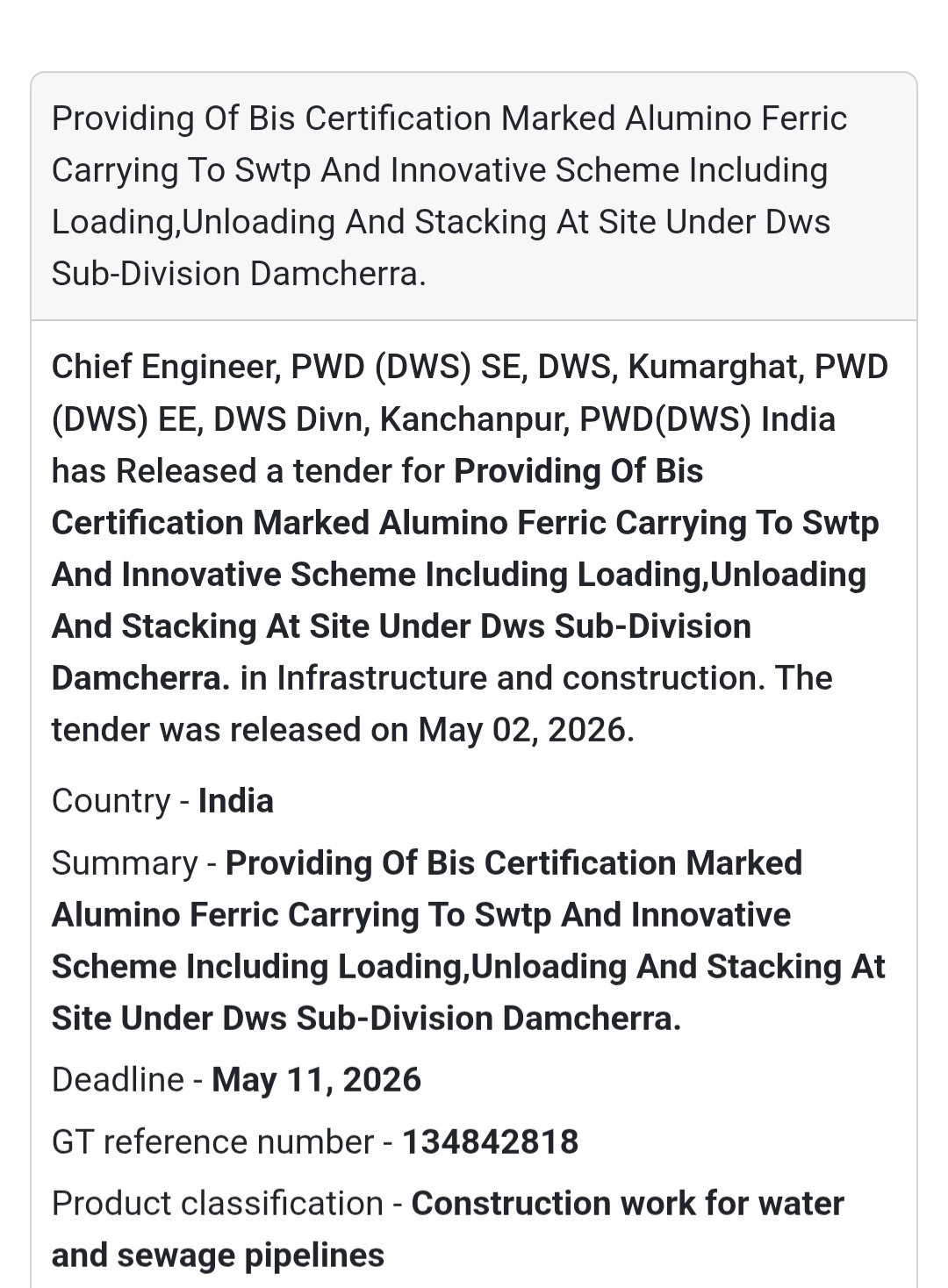 🚚 Supply of Alumino Ferric (BIS Certified)