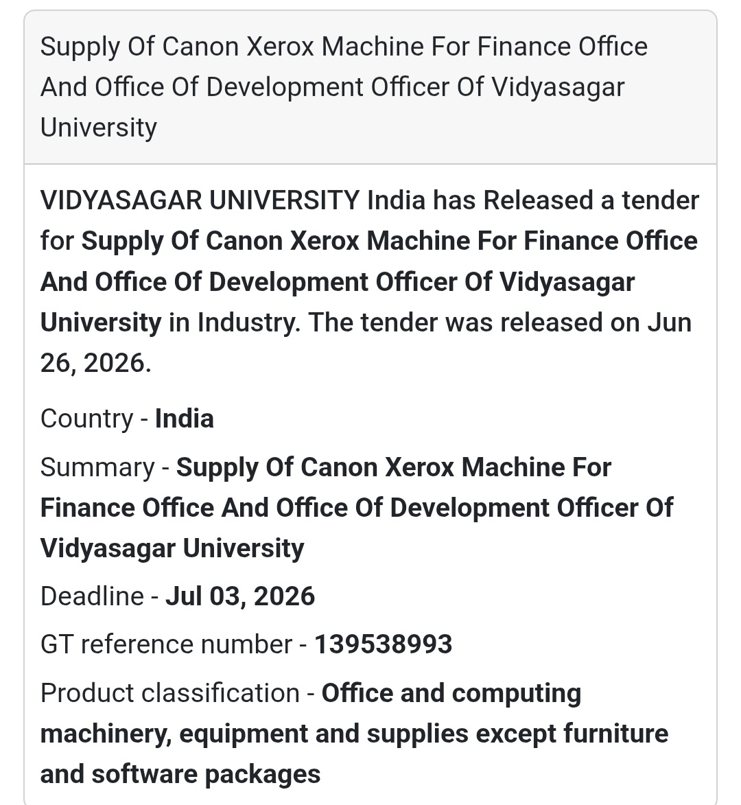🖨️ Supply of Canon Xerox Machine – Vidyasagar University, West Bengal