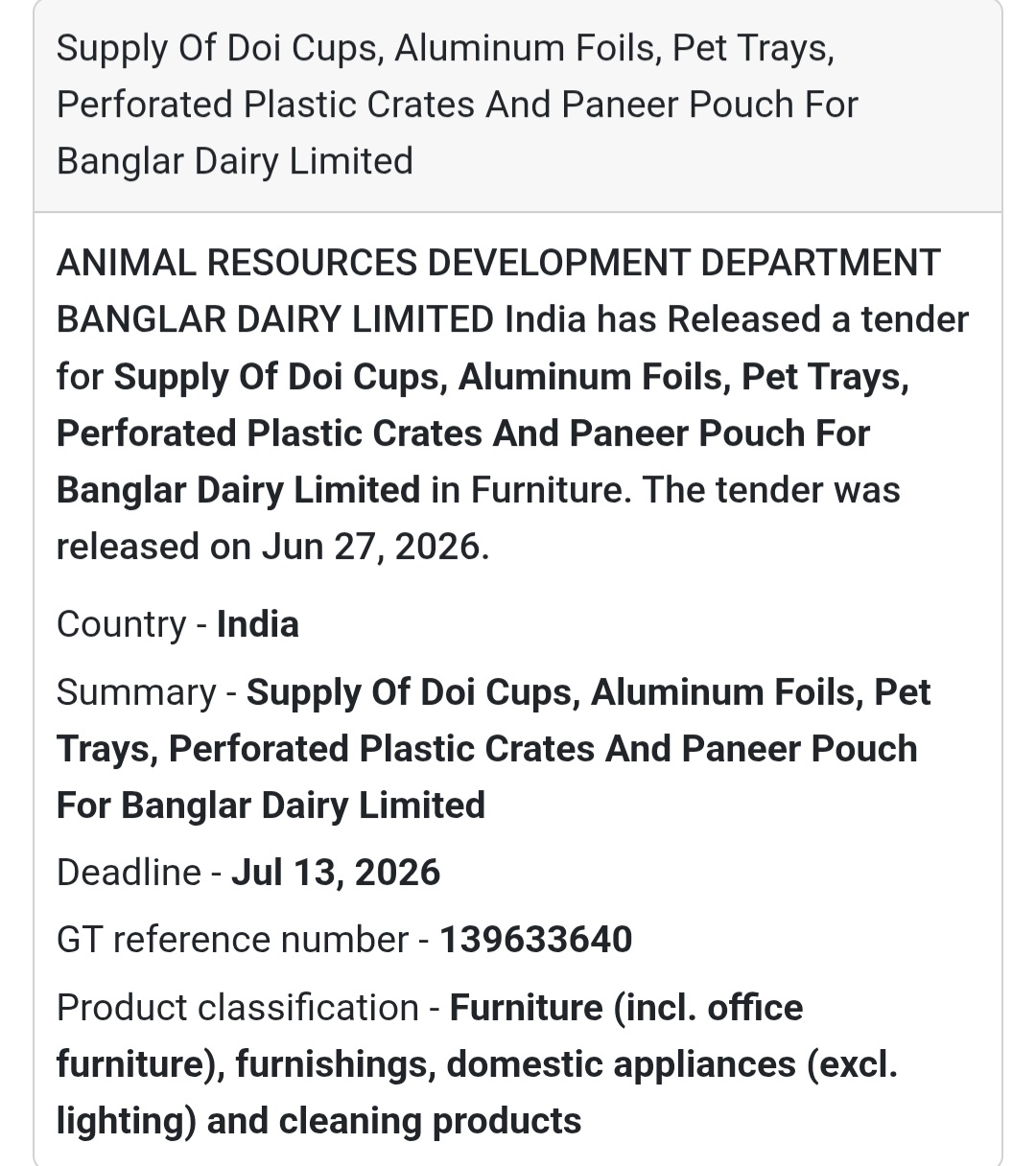 🥛 Supply of Doi Cups, Aluminum Foils, PET Trays, Plastic Crates & Paneer Pouches | 📍Banglar Dairy Limited