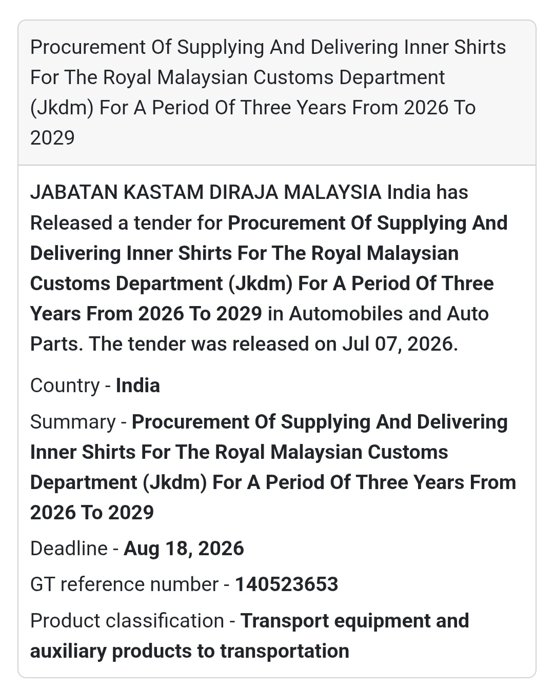 👕 Supply of Inner Shirts for Royal Malaysian Customs | Malaysia