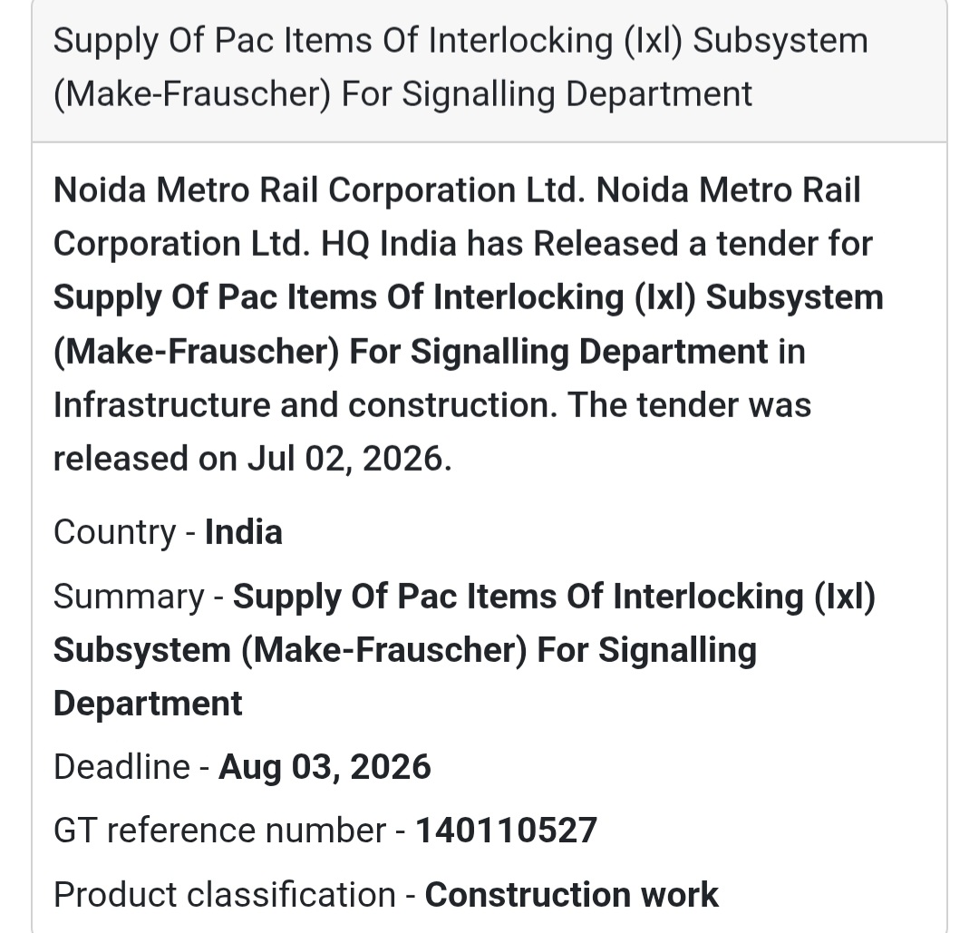 🚇 Supply of Interlocking (IXL) Signalling Equipment | 📍Noida, Uttar Pradesh