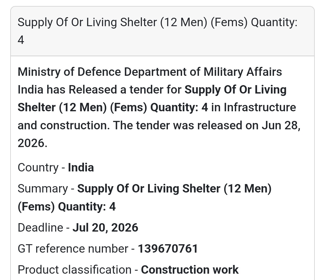 🏕️ Supply of Living Shelter (12 Men) (FEMS) | India 🇮🇳