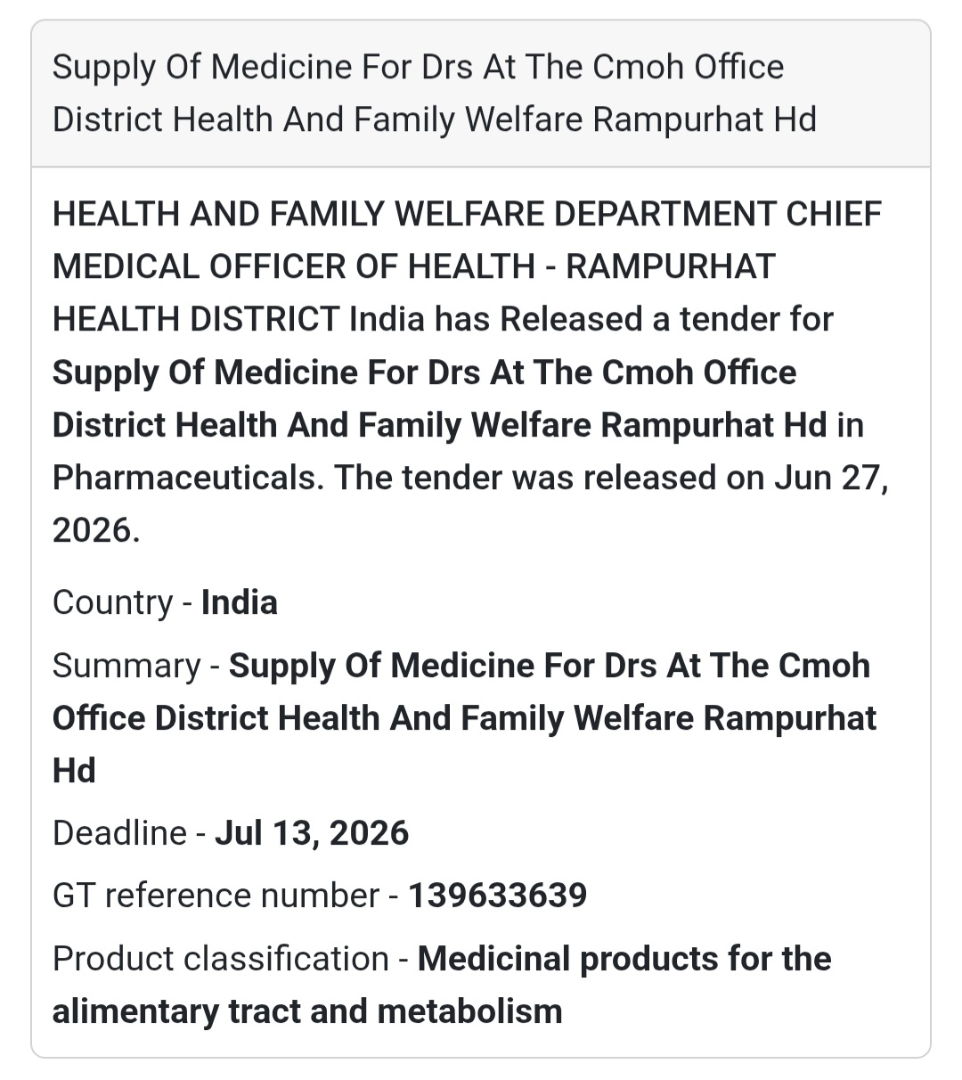 💊 Supply of Medicine for DRS at CMOH Office, Rampurhat Health District | 📍Rampurhat