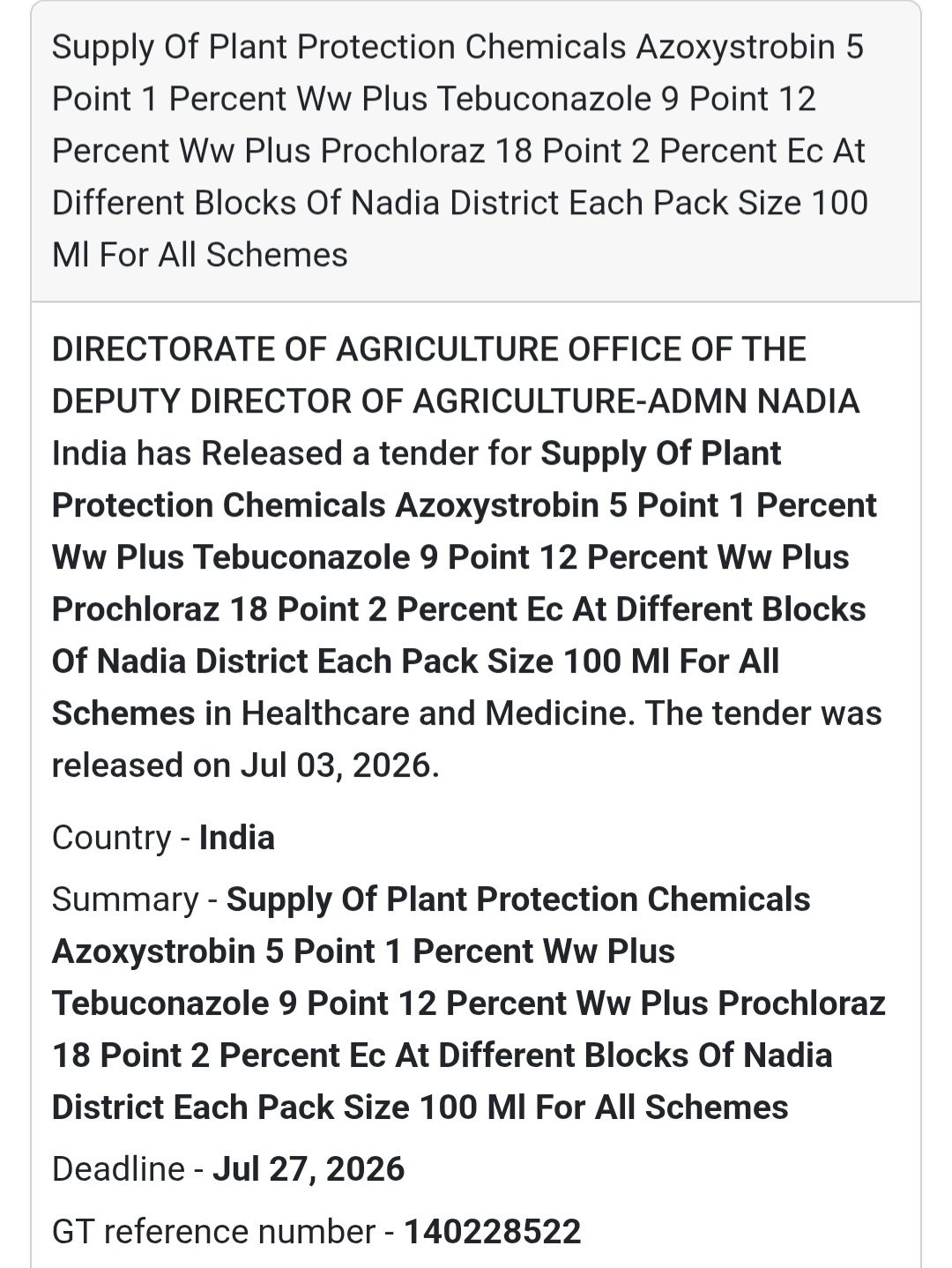 🌱 Supply of Plant Protection Chemicals (Azoxystrobin + Tebuconazole + Prochloraz) Tender – Nadia, West Bengal