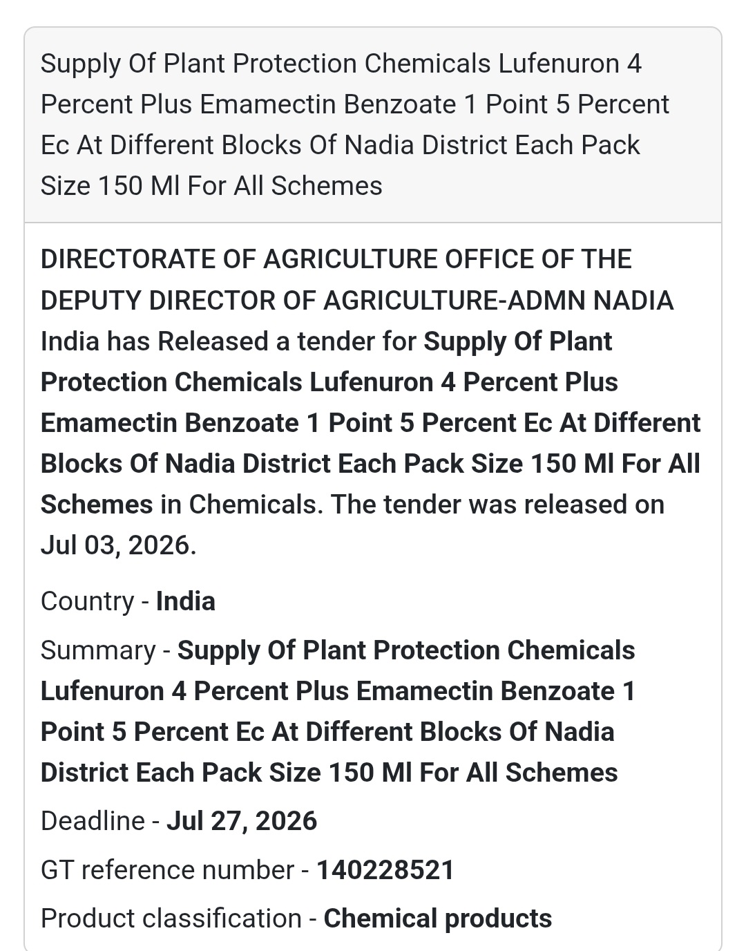 🌱 Supply of Plant Protection Chemicals (Lufenuron + Emamectin Benzoate) Tender – Nadia, West Bengal