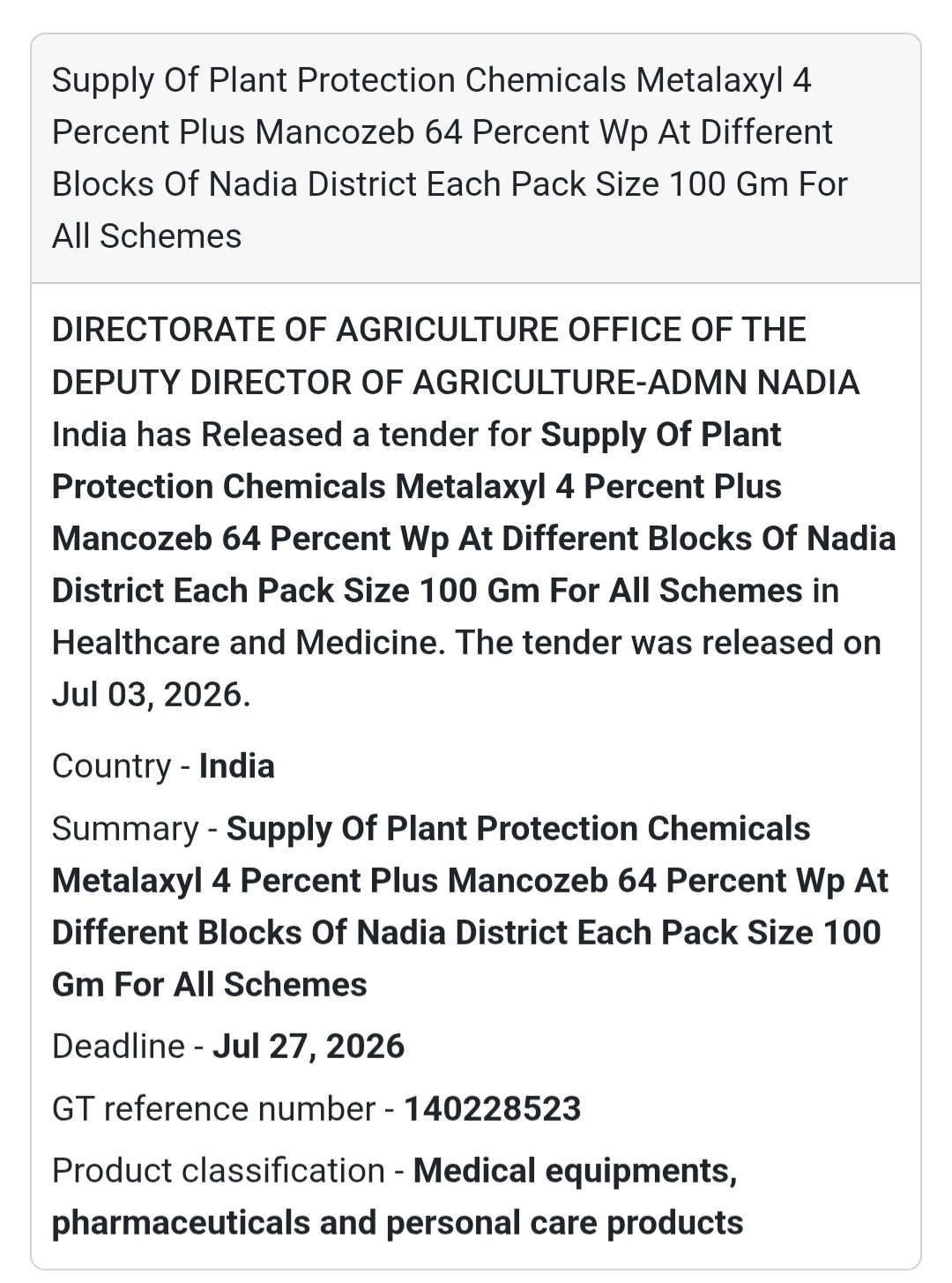 🌱 Supply of Plant Protection Chemicals (Metalaxyl + Mancozeb) Tender – Nadia, West Bengal