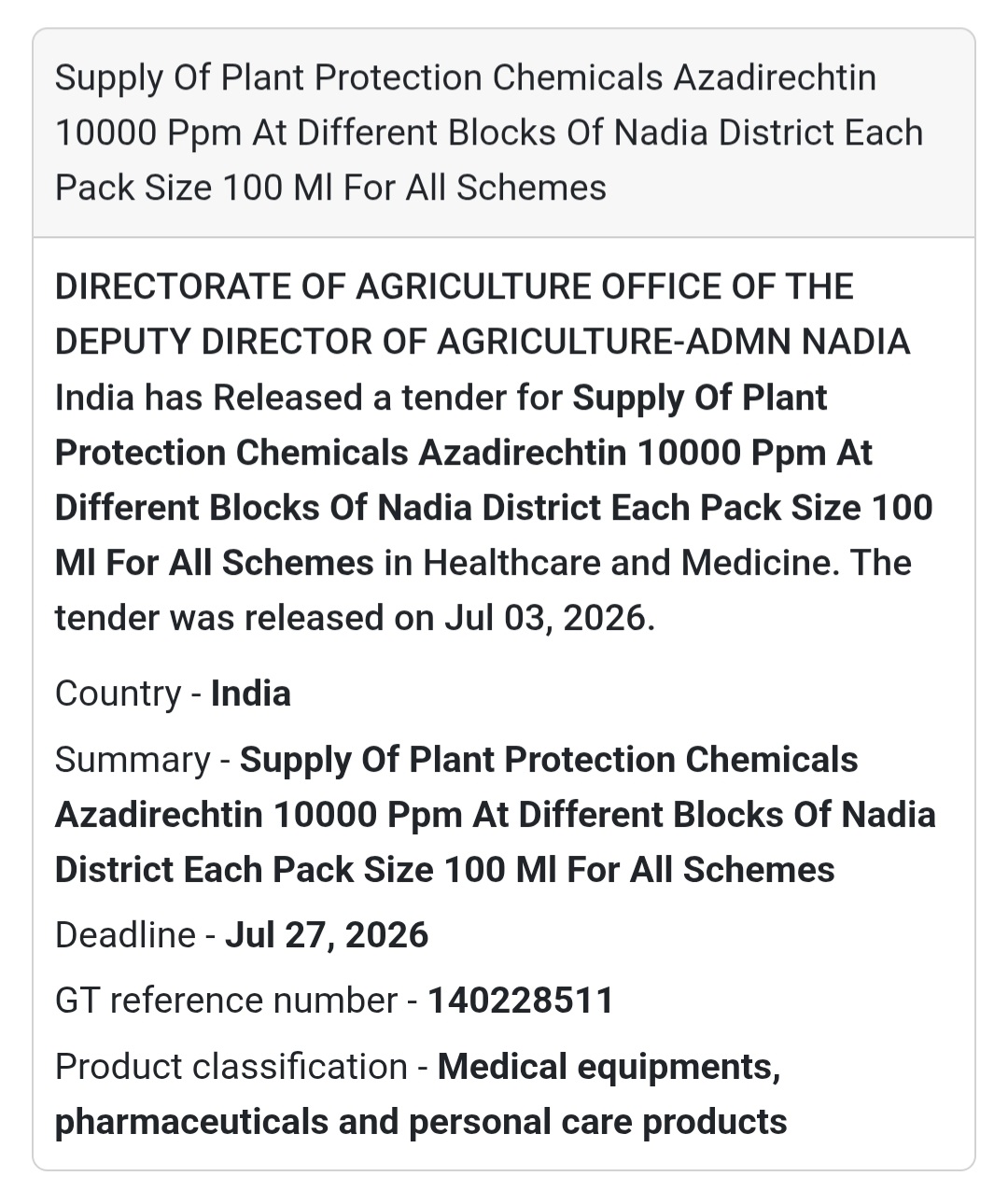 🌱 Supply of Plant Protection Chemicals Tender – Nadia, West Bengal