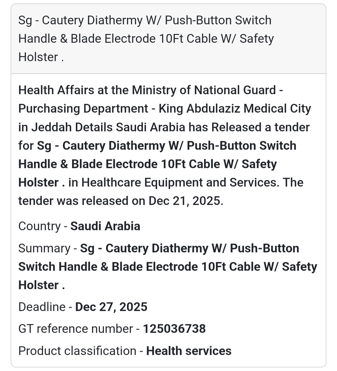 ⚡ Surgical Equipment Tender – Saudi Arabia
